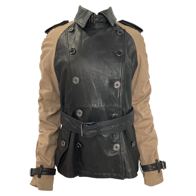 Burberry Brit Belted Double-Breasted Jacket in Black and Brown Lamb Leather