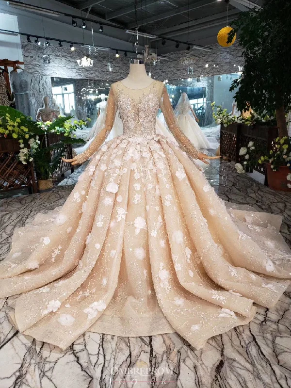 trendy mini dressLuxury Long Sleeves Wedding Dress With Pearls Appliques Formal Ball Gown OW407