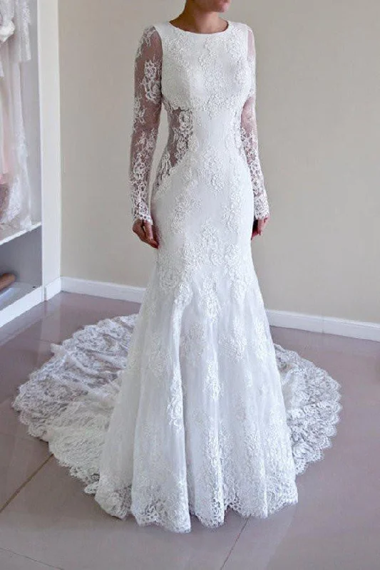 pleated maxi dressElegant Mermaid Open Back Long Sleeves Lace Wedding Dresses with Trailing