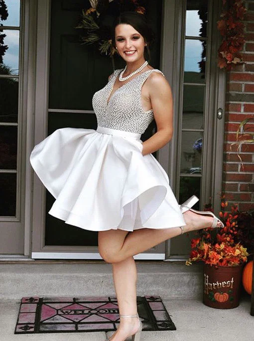 draped dressA-line V-neck Beading Short Prom Dress Homecoming Dress With Pockets OM385