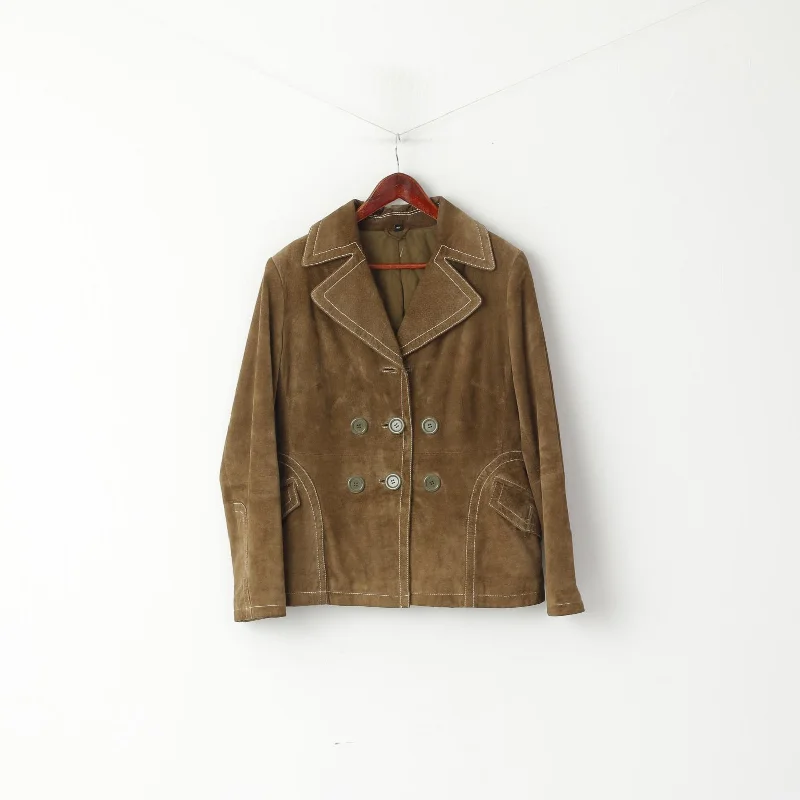 Midnight Madness high-fashion coatVintage Women 40 M Jacket Green Leather Suede Classic Buttoned Pockets Biker Top