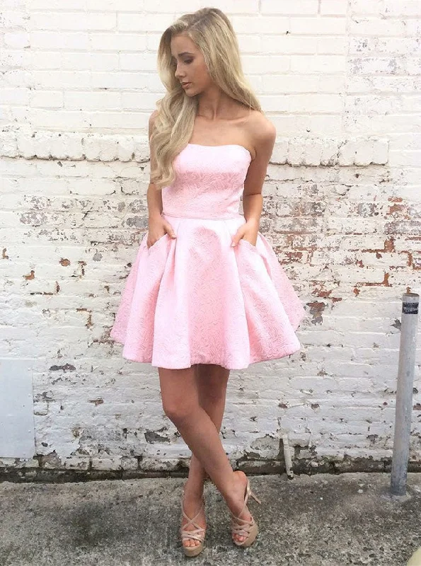 sleeveless dressPink Short Prom Dress Strapless Homecoming Dress With Pockets OM286