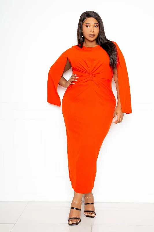 Great Deals casual evening dressCape Sleeve Midi Dress with Knot Detail