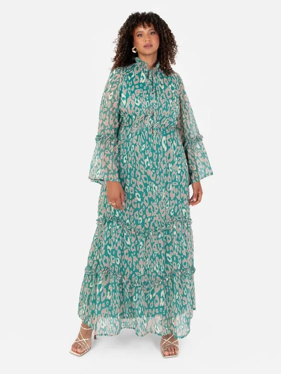 Can't Miss office dressLovedrobe Luxe Tie-Neck Animal Print Teal Green Maxi Dress