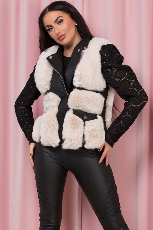 Extra Savings stylish peacoatFaux Fur Faux Leather Gilet With Pocket Detail Beige