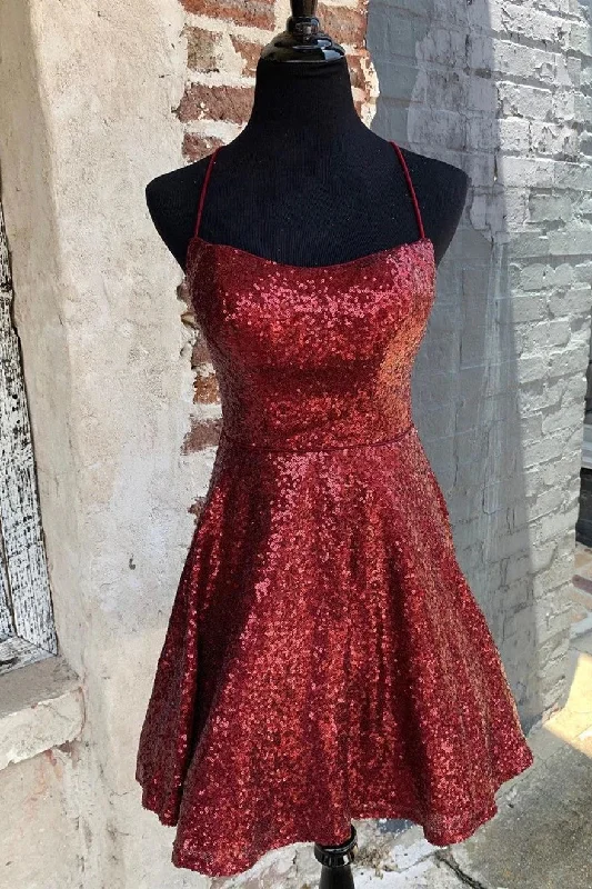 trendy wrap dressShort A-Line Burgundy Criss-Cross Sequins Homecoming Dress