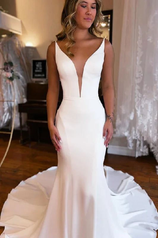 trendy mini dressMermaid V Neck Satin Wedding Dresses with Open Back N079