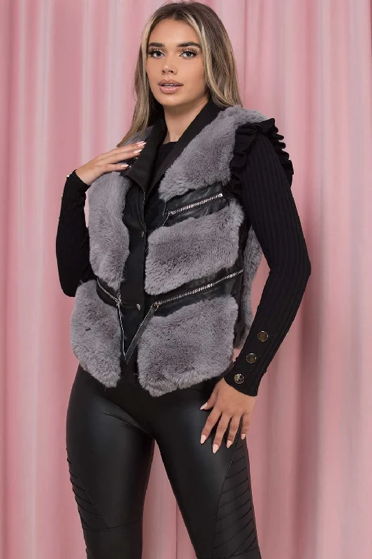 Savings Spectacular raincoatFaux Fur Faux Leather Gilet Grey