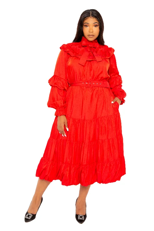 Exclusive Deal shift dressTie Neck Bib Bubbled Hem Midi Dress