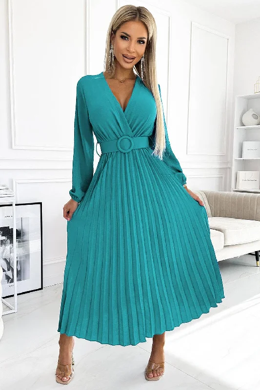 Major Savings sophisticated dressNumoco Basic 504-6 VIVIANA Pleated midi dress with a neckline, long sleeves and a wide belt - sea color Major Savings sophisticated dressNumoco Basic 504-6 VIVIANA Pleated midi dress with a neckline, long sleeves and a wide belt - sea color