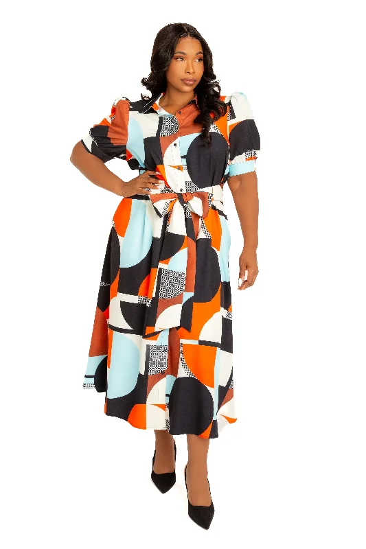 Best Deals stylish dressGeometric Print Puff Sleeve Shirtdress with Tie Waist Detail Best Deals stylish dressGeometric Print Puff Sleeve Shirtdress with Tie Waist Detail