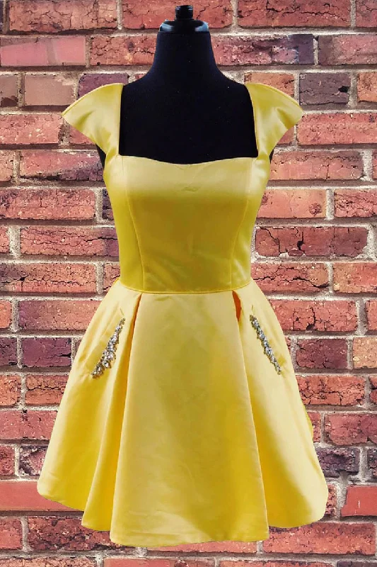 A-line dressA-Line Yellow Cap Sleeves Satin Homecoming Dress With Pockets