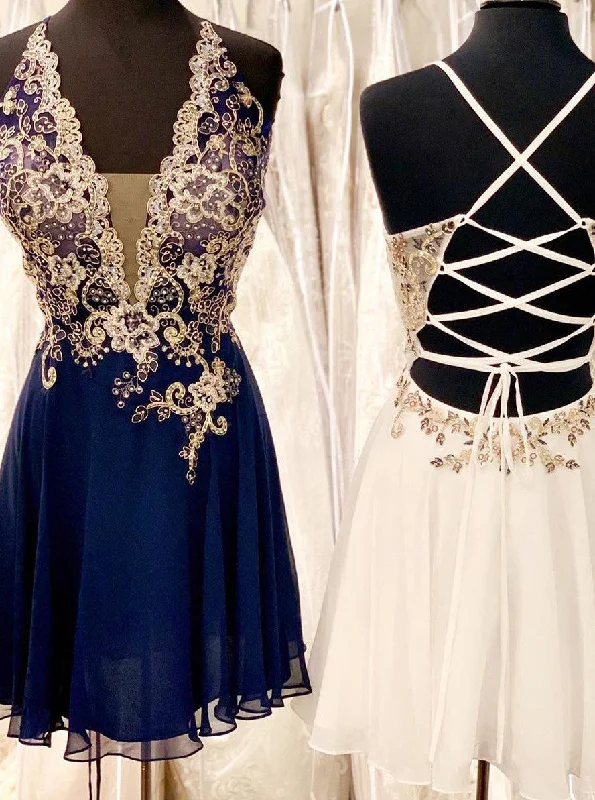 elegant evening dressA-line Beading Chiffon Navy Blue Homecoming Party Dress OM324