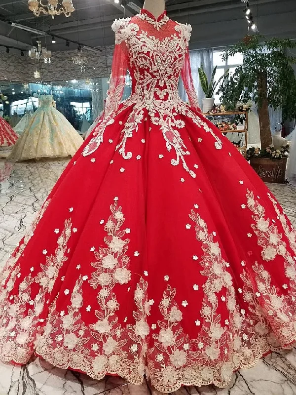 ashionable dressRed Quinceanera Dress Ball Gown Long Sleeves Applique Prom Dress OP437