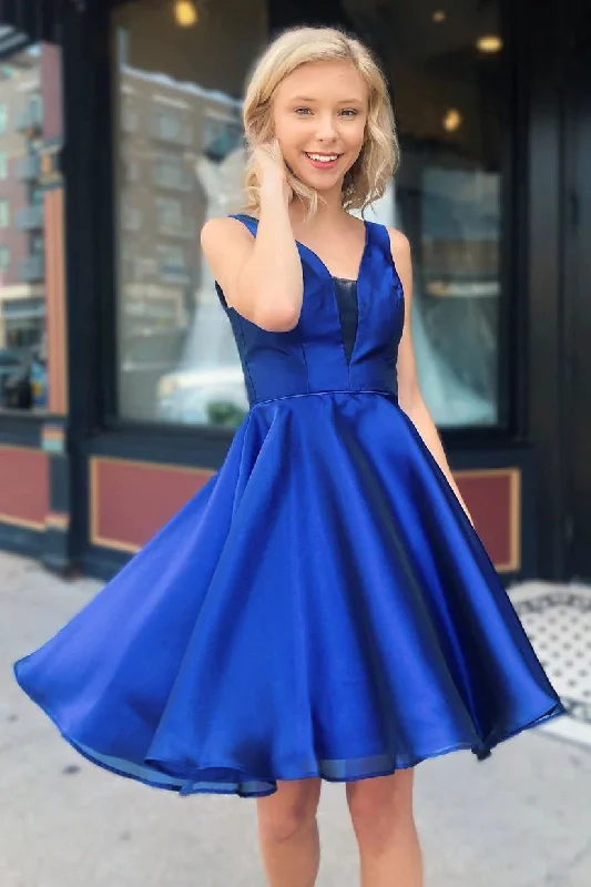 formal dressElegant Short A-Line Royal Blue Straps Satin Homecoming Dress