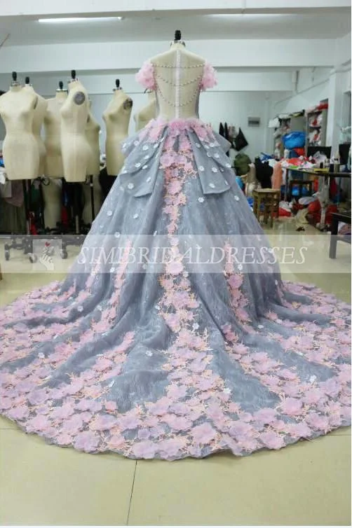 denim dressLuxurious Ball Gown Backless Appliques Long Wedding Dresses with Flowers N308