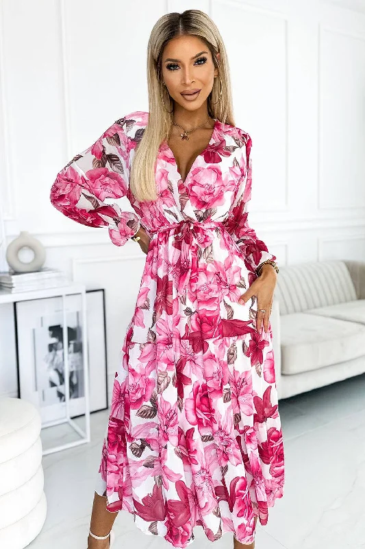 Major Savings textured dressNumoco Basic 436-1 VALENTINA Midi dress with a neckline and a belt - pink roses on a white background Major Savings textured dressNumoco Basic 436-1 VALENTINA Midi dress with a neckline and a belt - pink roses on a white background