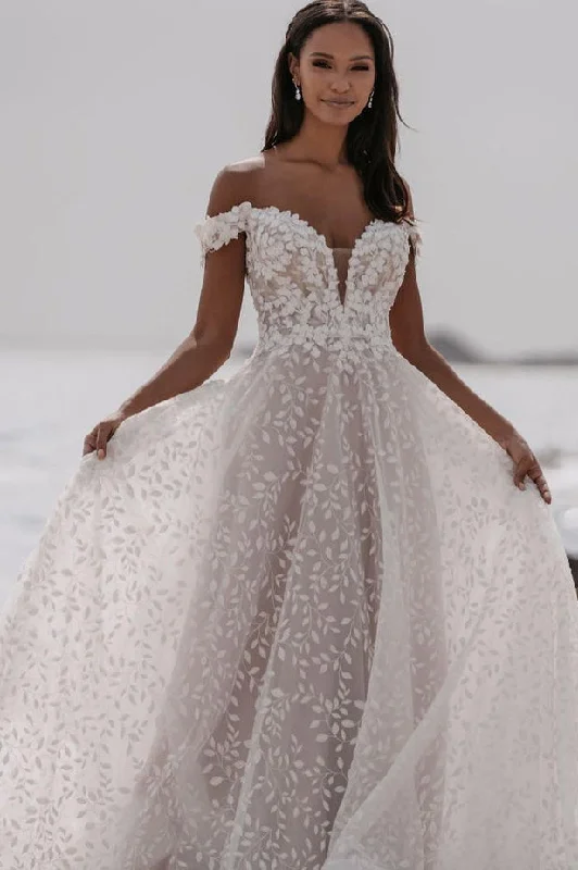 playful dressCharming Off the Shoulder Lace Wedding Dresses N060