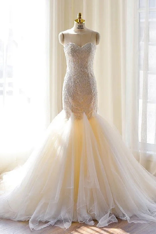 wool dressGorgeous Ivory Sweetheart Tulle Mermaid Lace-Appliques Wedding Dresses N341