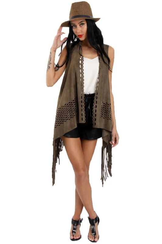 Massive Deals long-sleeve coatLaser Cut Faux Suede Waterfall Fringed Waistcoat