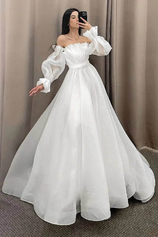 boho dressA Line Strapless Pleated Flowy Wedding Dress with Detachable Sleeves OK1907