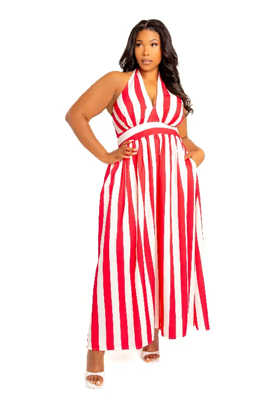 Special Savings luxury dressStripe Halter Neck Maxi Dress