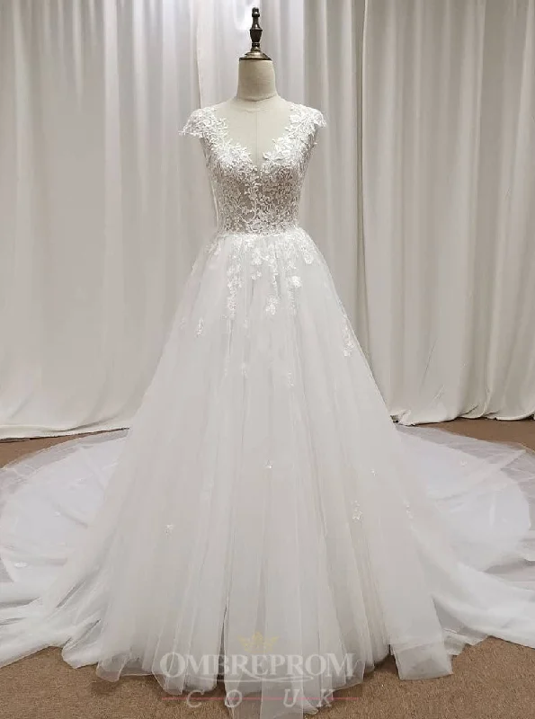 minimalistic dressA-Line Deep V-neck Cap Sleeves Bridal Gown Lace Appliques Wedding Dress OW469