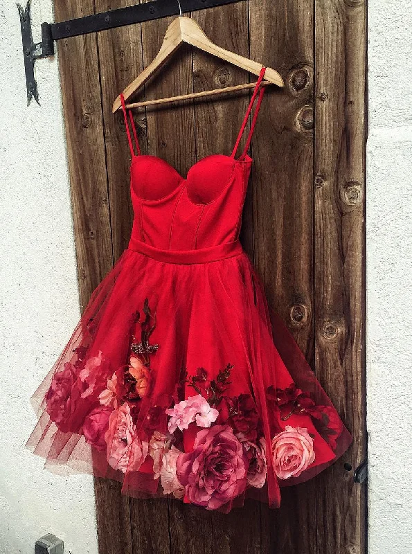 oversized dressSpaghetti-straps Red Short Prom Dress 3D Applique Homecoming Dress OM322