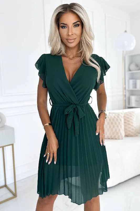 Special Discount knit dressNumoco Basic 424-6 Chiffon pleated dress with a neckline and frills - green Special Discount knit dressNumoco Basic 424-6 Chiffon pleated dress with a neckline and frills - green
