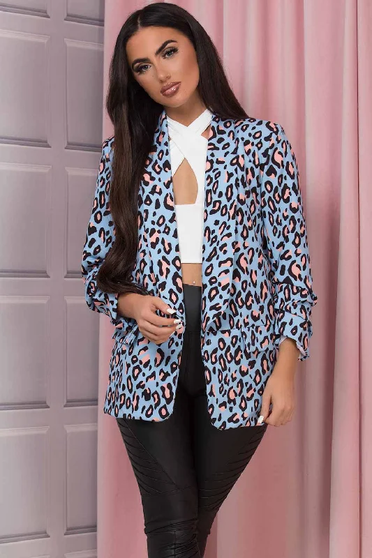 Doorbuster Deal tailored blazer coatBlazer Jacket With Ruched Sleeves Blue Leopard Print