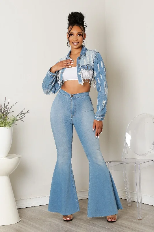 tailored coatRhinestone Fringe Distressed Crop Denim Jacket