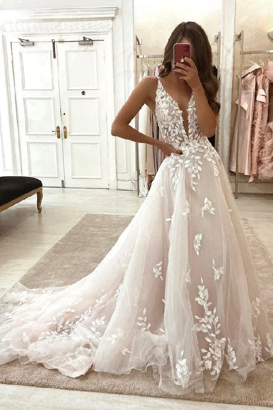 party-ready dressElegant A Line V Neck Tulle Wedding Dresses with Appliques N097