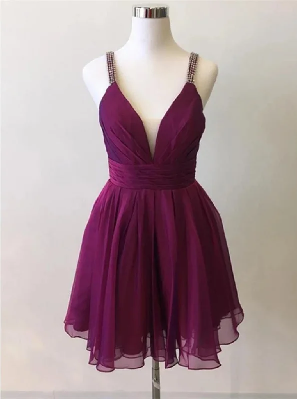 casual dressBeaded Straps V Neck Grape Short Chiffon Graduation Homecoming Dresses OM433