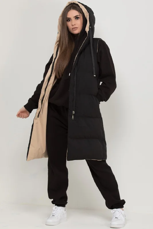 Reduced Prices fashion-forward coatReversible Padded Longline Hooded Gilet Black Stone