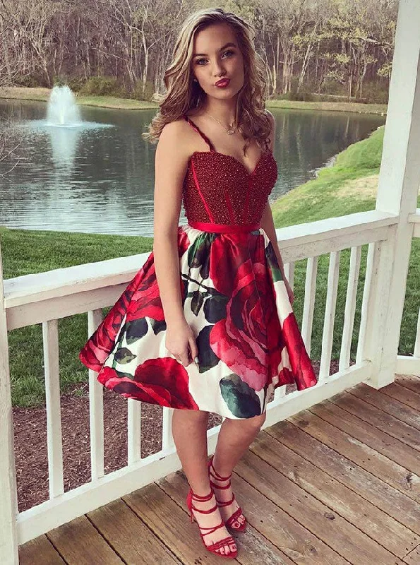 relaxed fit dressBeading Bodice Spaghetti Short Prom Dress With Floral Print Skirt Homecoming Dress OM254