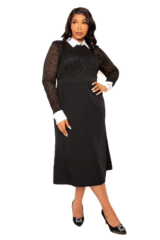 Limited Time casual shift dressLace Midi Dress with Detachable Collar & Cuffs