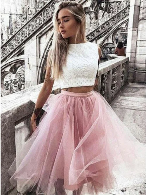 luxury dressElegant Tulle Two Pieces Bateau Blush Homecoming Dress OM127