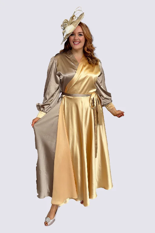 Final Sale sleek dressLong Sleeve Plus Size Satin Style Duo Colour Maxi Wrap Dress