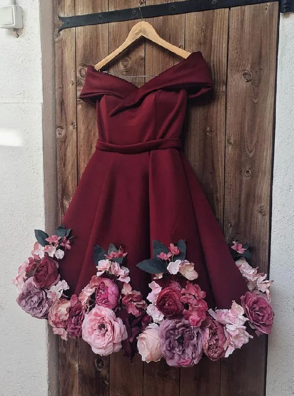 casual midi dressOff Shoulder 3D Appliques Burgundy Homecoming Dress Short Prom Dress OM321