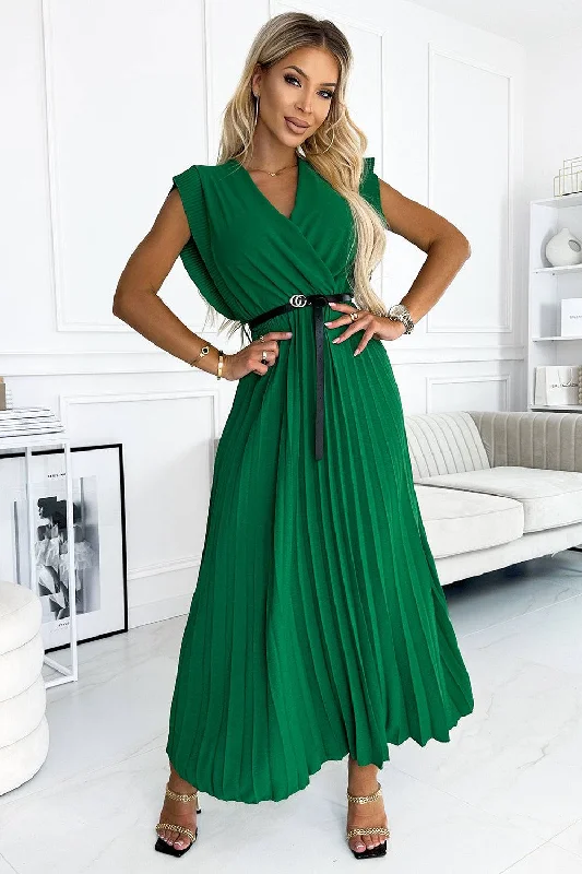 Inventory Reduction cocktail party dressNumoco Basic 485-1 Pleated dress with frills, neckline and black belt - green Inventory Reduction cocktail party dressNumoco Basic 485-1 Pleated dress with frills, neckline and black belt - green