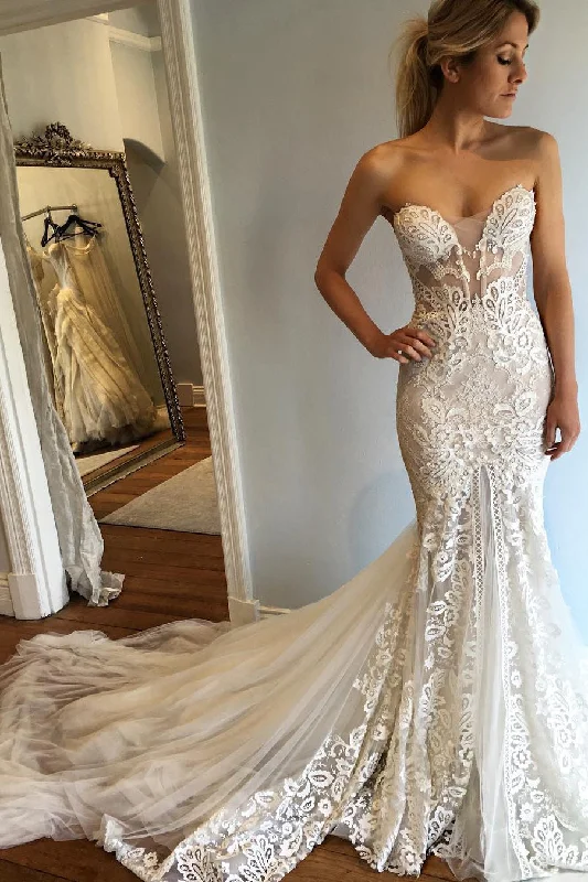 party-ready dressStrapless Mermaid Court Train Sweetheart Wedding Dress with Lace Appliques N530