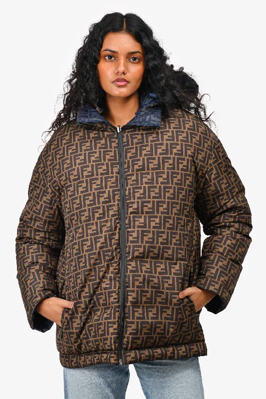 Sneak Peek Sale lightweight winter coatFendi Navy/Brown FF Monogram Reversible Hooded Zip Up Down Jacket Size 40