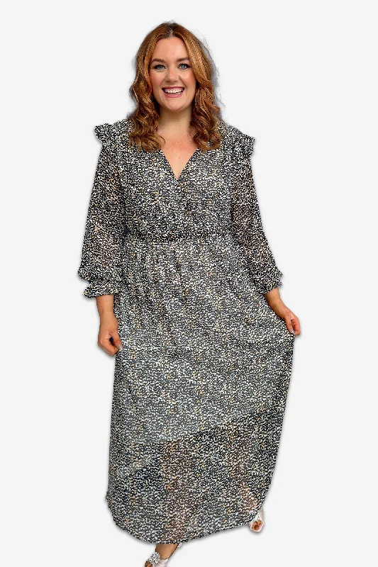 Seasonal Clearance layered dressV-Neck Beige and Black Animal Print Plus Size Dress