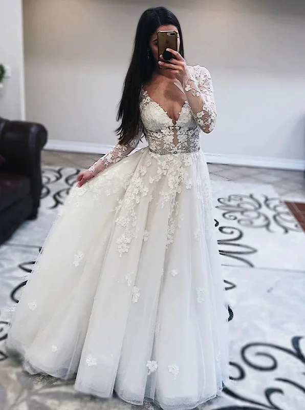 party-ready dressPrincess V-Neck Long Sleeves V-Back Tulle Wedding Dresses With Lace Appliques