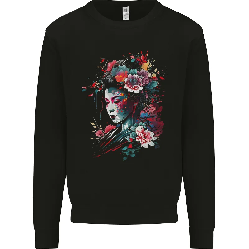 cozy gym sweatshirtAn Artistic Geisha Lady With Flowers Mens Sweatshirt Jumper