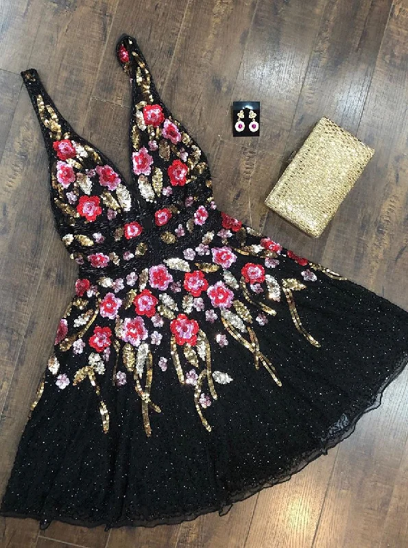 fitted cocktail dressStunning A-line V-Neck Sequined Floral Black Homecoming Dress OM398