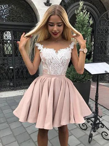 long sleeve dressCute Lace Bodice Straps Satin Short Prom Dress Homecoming Dress