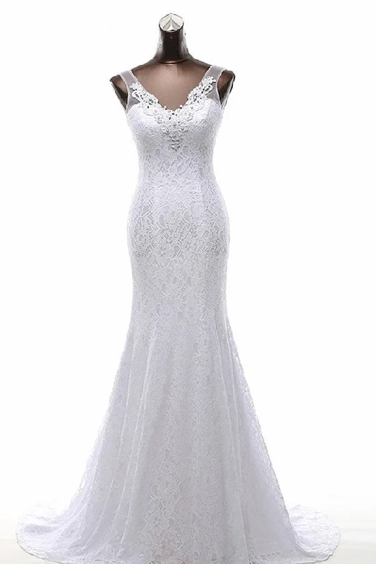 trendy wrap dressMermaid V-Neck Beaded Sweep Train Lace Wedding Dresses