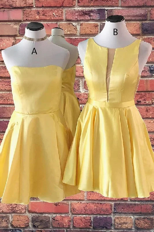 chic wrap dressShort A-Line Yellow Sleeveless Satin Homecoming Dress