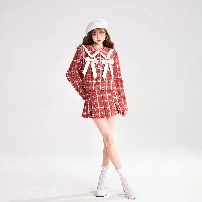 YEAR-End Sale casual coat(BFM)11shop97~Red Plaid Full Set Coat and A-line Pleated Skirt